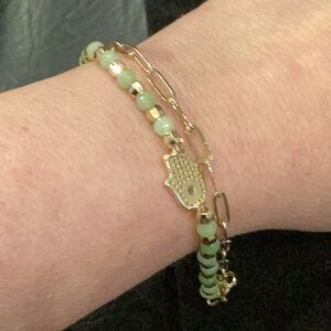 Gold and Green Beaded Bracelet with Hamsa Charm